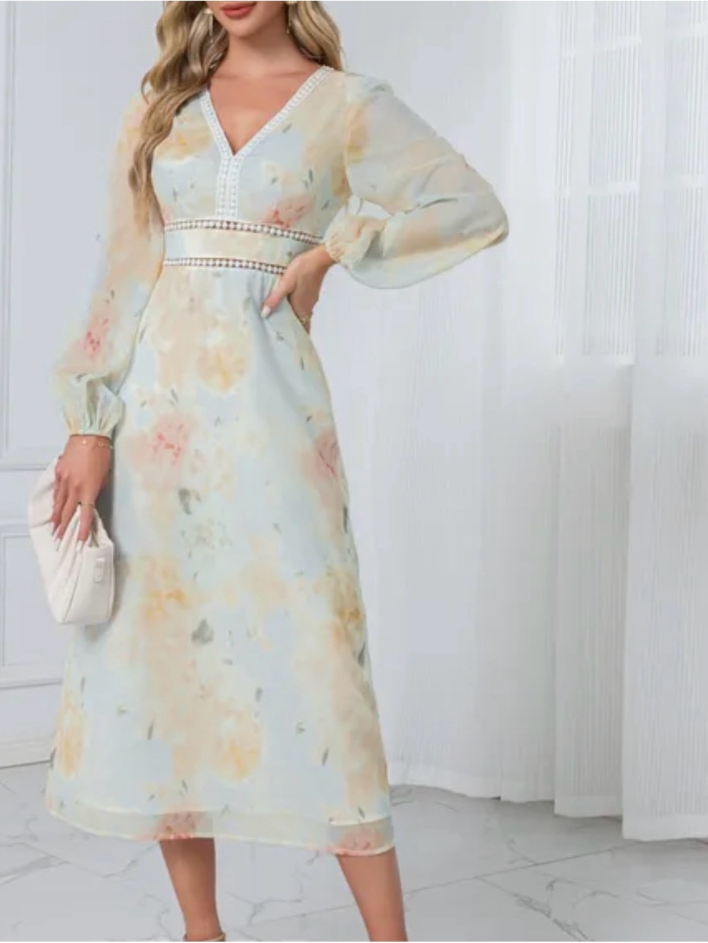 New JJs House Floral Pastel Watercolor Sheer Balloon Sleeve Cutout Midi Dress XL